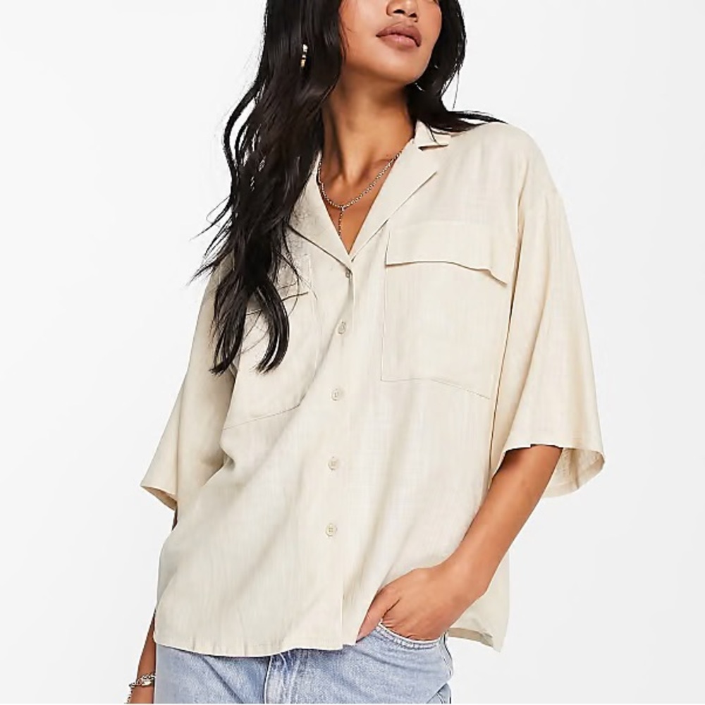Vila Slouchy Casual button up short sleeve shirt in Sand NWT